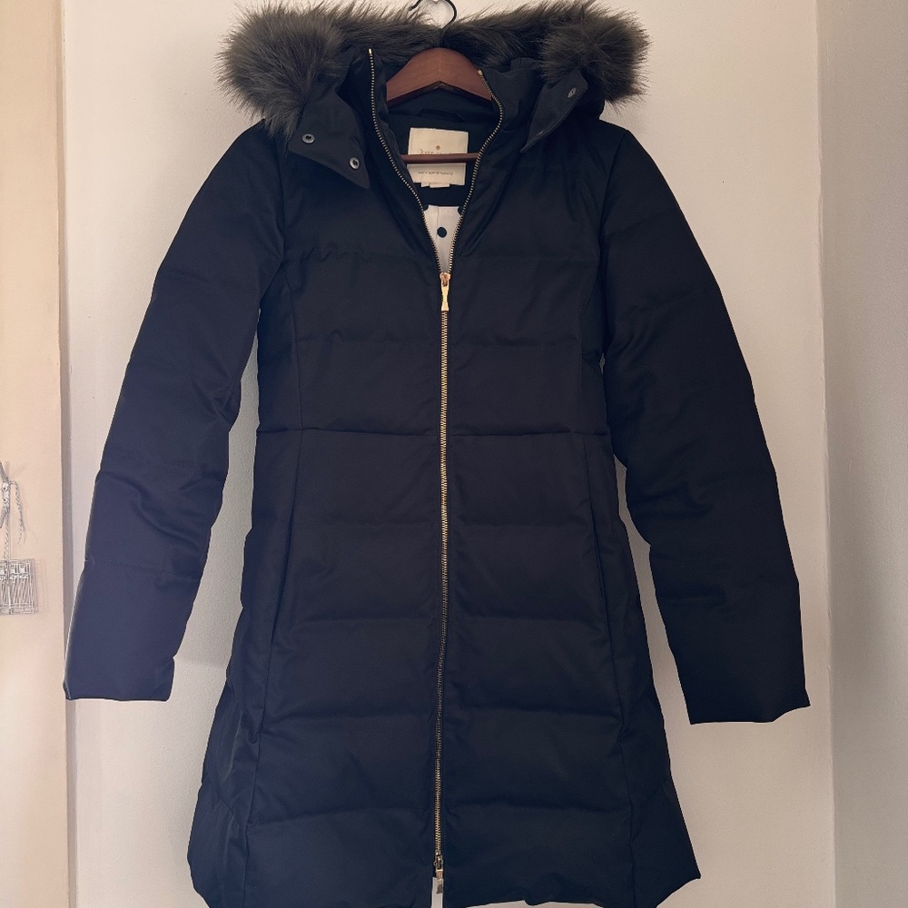 Kate Spade Down Puffer Jacket, black with faux fur trim 0